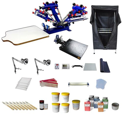 TECHTONGDA 4 Color 1 Station Screen Printing Press Kit Micro-Registration Function with Flash Dryer UV Exposure Unit Drying Cabinet Squeegee Mesh Frame Emulsion Scoop Coater Accessories