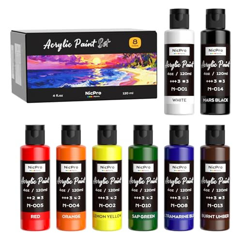 Nicpro 8 Primary Colors Acrylic Paint Set(4 oz, 120 ml), Rich Pigment, Non Toxic Craft Paint for Multi Surface Canvas, Wood, Ceramic, Rock, Fabric, Art Painting Supplies for Beginner & Artist Adult - color: 8 Colors, size: 4 Fl Oz (Pack of 8)
