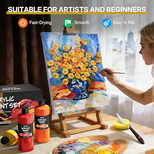 WUO 24 Colors Acrylic Paint Set, 250ml/8.45oz Bottles Acrylic Paint, Professional Large Bulk Rich Pigment, Non-Toxic Multi-Surface Art Supplies for Artists Beginners Adults on Canvas Wood Rock Crafts - color: 24 Colors