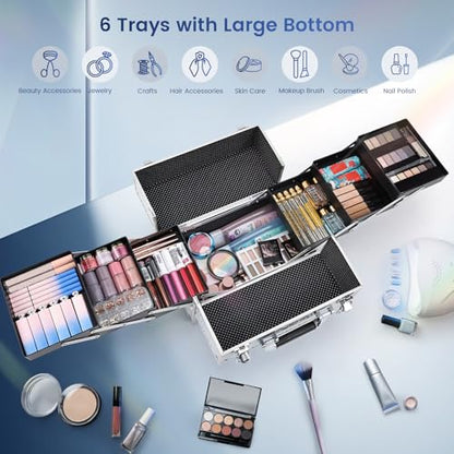 FRENESSA Makeup Case Cosmetic Train Case Organizer 11.8 Inch Large Makeup Box Travel Storage Make Up Train Carrying Case with 6 Trays Locking Hard Vanity Storage Glitter Silver - color: Silver