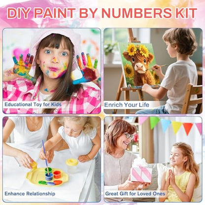 WEMEON Cow Paint by Numbers Kit for Kids with Frame and Easel, Easy Paint by Numbers Kits for Kids Ages 8-12, Small Painting by Number for Birthday Gift, Painting Party(10X10inch) - color: DMBK-0012-US(10X10inch)