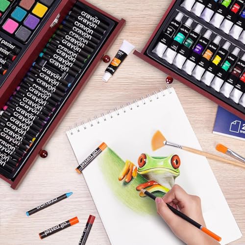 Deluxe Art Set with 2 Drawing Pads, Crayons, Acrylic Paints, Colored Pencils Set in Wooden Case, Professional Art Kit for Adults, Artist and Teens, Paint Supplies