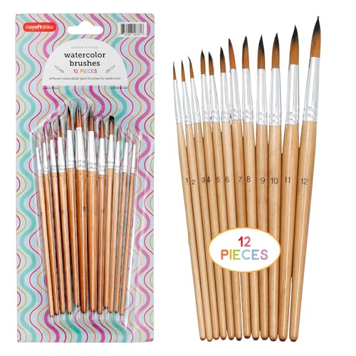 Incraftables Artist Watercolor Paint Brushes - 12 Assorted Sizes Round Tip Paint Brushes for Watercolor, Acrylic, Ink, Gouache, Oil, Face Painting & More