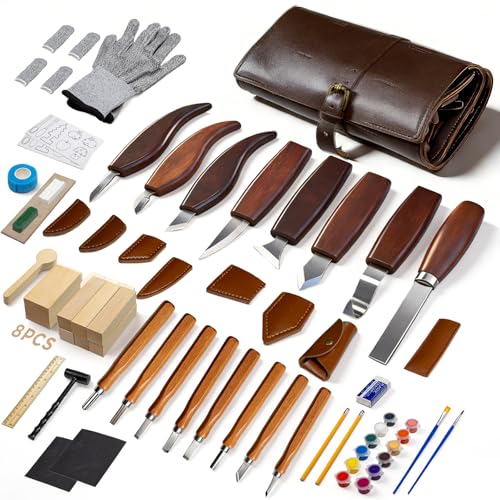 Wood Carving Kit, 68 PCS Complete Whittling Kit for Beginners Adults, 16 Wood Carving Knives, 8 Basswood Blocks, Leather Storage Bag, Gloves, Paints & Templates, DIY Carving Tools Gift Set