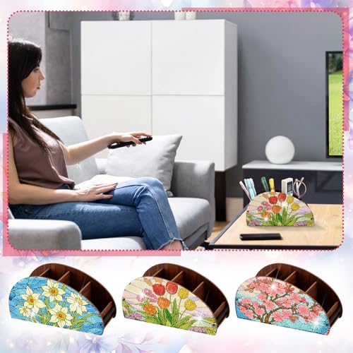 Novabright 3 Pcs Stained Glass Flower Diamond Art Organizer Storage Boxes DIY Wooden Flowers Diamond Painting Organizer Double Sided Drill Holder for Storing Small Objects Tabletop Centerpiece