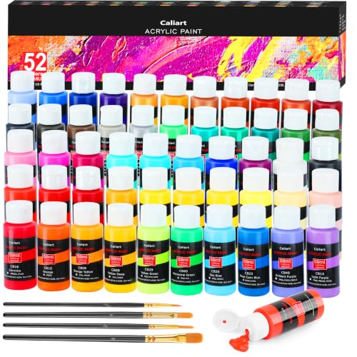 Caliart 52 Colors Acrylic Paint Set 4 Brushes | Craft Painting kit for Adults Artists Beginners, Rich Pigment Non-toxic, Canvas Wood Rock Pumpkin Ceramic Art Supplies Paint - color: Regular, size: 2 Fl Oz (Pack of 52)