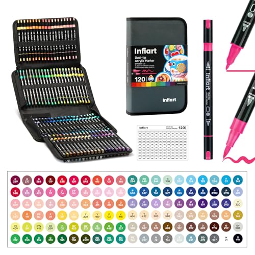 Dual-Tip Acrylic Paint Markers, 120 Colors Acrylic Paint Pens, High Coverage for Rock, Fabric, Ceramic, Glass, Wood, Canvas, Scrapbooking & DIY Art Supplies – Soft Brush & Fine Tip - color: 120 Colors