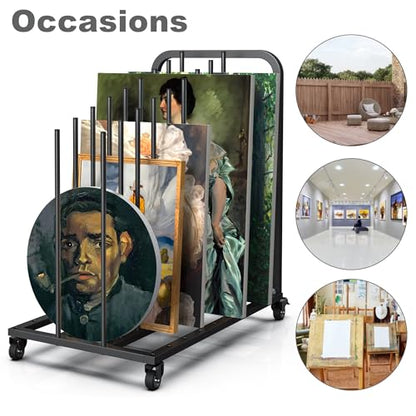 Mobile Art Canvas Storage Rack on Wheels, Adjustable Metal Framed Artwork Drying Holder, Large Vertical Picture Frame Display Stand for Painting Boards, Framed Picture, Shipping Box (Black) - color: Black