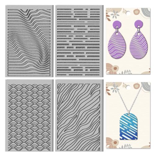 CHGCRAFT 4 Sheets Art Simple Lines Clay Texture Mat Wavy Patterns Polymer Clay Texture Sheets DIY Tools for Pottery Earring Jewelry Making Stamp Engraving Machines, 4x2.6inch - style: Simple Lines