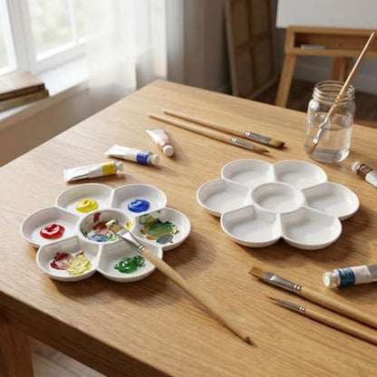 2 Pack White Watercolor Palette, 7 Well Plastic Paint Palette Tray 6.7 Inch Round Watercolor Painting Tray Non-Stick Professional Artist-Grade Mixing Palette for Gouache, Oil, Art Supplies