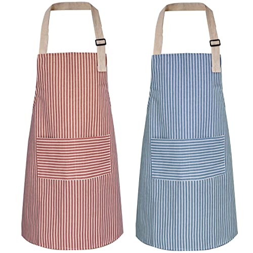 ATROPOS 2 Pack Aprons for Women with Pockets, Waterproof Cooking Aprons for Women, Adjustable Bib Apron Chef Aprons Painting Apron for Kitchen,Cooking,Baking,BBQ,Cleaning,Painting - color: Red /Blue Stripes