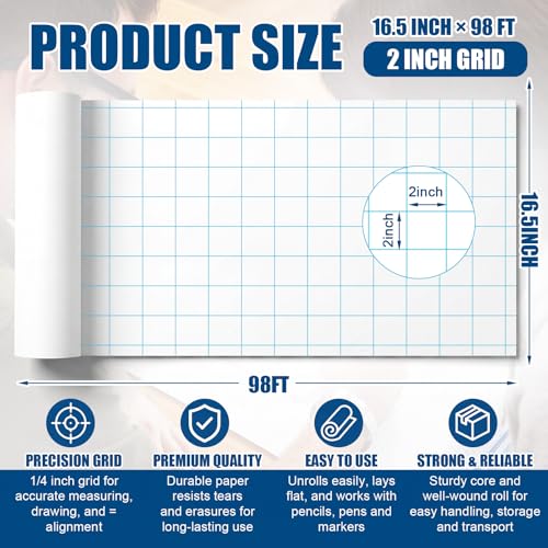Jetec 1 Roll Large Grid Graph Paper Roll 2'' Grid 16.5 Inch x 98ft Giant Chart Poster Paper for Classroom Group Projects Building Plan Drafting Supplies Kids Students School Gifts - color: 2'' Grid, size: 16.5 Inch X 98ft