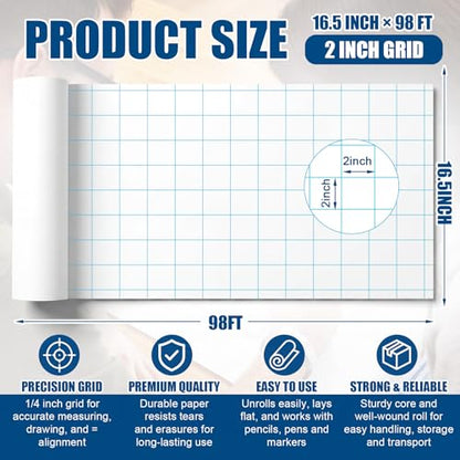 Jetec 1 Roll Large Grid Graph Paper Roll 2'' Grid 16.5 Inch x 98ft Giant Chart Poster Paper for Classroom Group Projects Building Plan Drafting Supplies Kids Students School Gifts - color: 2'' Grid, size: 16.5 Inch X 98ft