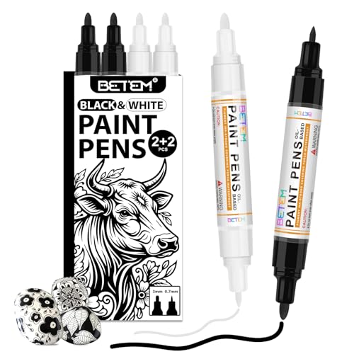 Betem 4 Count Dual Tip Oil Based Black White Paint Pen(0.7mm & 3mm), White Permanent Marker Black Paint Markers, Waterproof, Quick Dry, for Fabric, Rock Painting, Wood, Plastic, Ceramic, Metal, Canvas - color: 2 Black & 2 White
