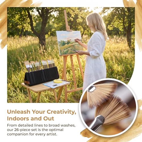 26pcs Paint Brush Set, Includes Flat, Filbert, Fan, Dagger, Cat Tongue, Round, Angle, Rigger & Palette Knife, Travel Paint Brushes for Acrylic Painting, Watercolor, Oil, Canvas, Face Painting