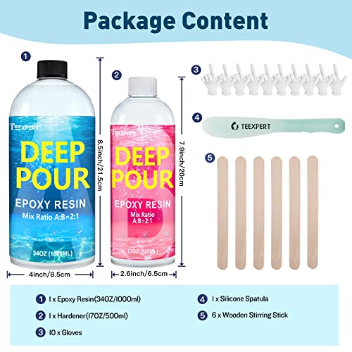 Teexpert Deep Pour Epoxy Resin, 51oz Epoxy Resin Kit for 2-4" Pour Depths, Crystal Clear & High Gloss, Bubble-Free Casting Resin for Flower Preservation, River Tables and Mold Crafts - 2:1 Mix Ratio - size: 51oz