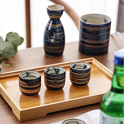5 Pieces Japanese Sake Set 200ml Sake Bottle 50ml Saki Cup Set Traditional Hand Painted Design Porcelain Pottery Ceramic Soju Cups Sake Glasses (Blue Wise)