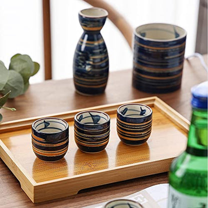 5 Pieces Japanese Sake Set 200ml Sake Bottle 50ml Saki Cup Set Traditional Hand Painted Design Porcelain Pottery Ceramic Soju Cups Sake Glasses (Blue Wise)