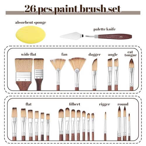 26 Pcs Professional Paint Brush Set, Acrylic Watercolor Oil Paint Brushes with Carrying Case, Palette Knife, Flat Filbert Fan Dagger Cat Tongue Round Brushes for Artists, Gouache, Face Painting