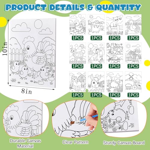 Ireer 12 Set Paint Party Set 8 x 10 Sip and Paint Kit Include 12 Printed Pre Drawn Canvas Panel, Wooden Easels, Palettes, Pots, Apron 36 Brushes for Adult Art DIY Party(Farm Animals) - style: Farm Animals
