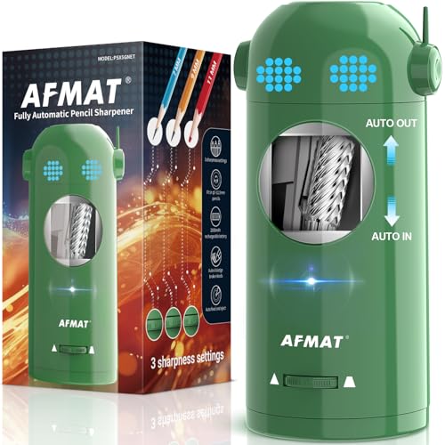 AFMAT Electric Pencil Sharpener, Fully Automatic Colored Pencil Sharpener for 7-11.5mm Pencils, Auto in &Out, Robot Pencil Sharpeners for Kids, Rechargeable Hands-Free with Dotted Eyes, PSX5ET, Green - color: Green