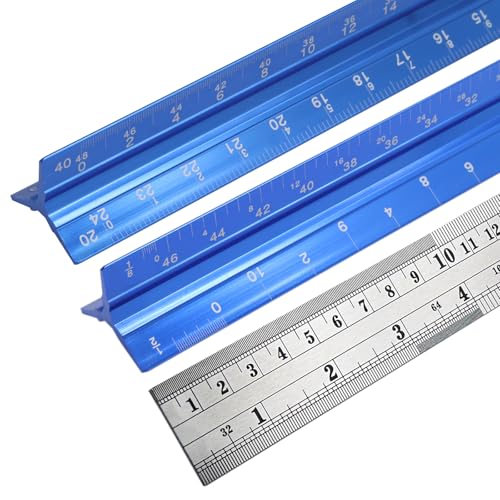 Biaungdo 3 Pack Architectural and Engineer Scale Ruler Set, 12 Inch Aluminum Triangular Drafting Tool, Laser-Etched Architect Scales Ruler for Draftsman, Standard Metal Ruler Included, Blue