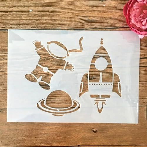 TIAMECH A4 Reusable Astronaut Stencil for Painting | Rocket Planet Layering Template, DIY Wall Art, Wood Furniture, Scrapbook & Crafts (8.3x11.7inch) - style: Astronaut Rocket Planet
