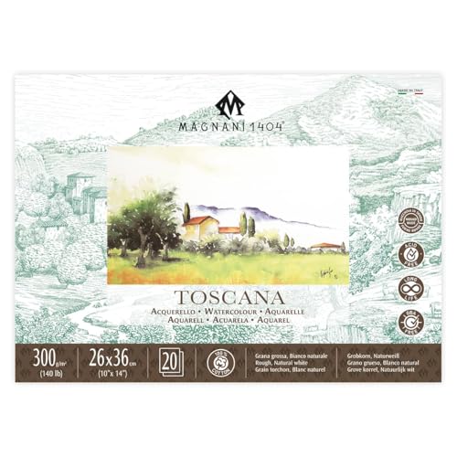 Magnani 1404 Toscana Rough 100% Cotton Watercolor Paper Block, 20 Sheets, 10x14, 140 lb, Acid-Free, UV Resistant, Vegan Sized Water Color Paper for Artists, Made in Italy - size: 10x14" Block