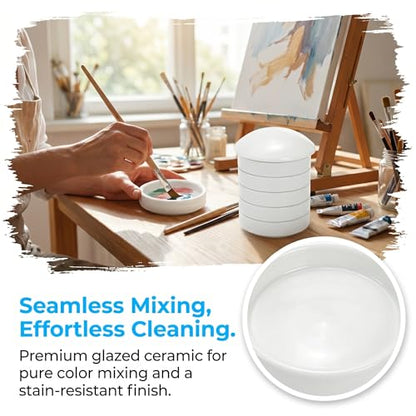 Jucoan 2 Pack Ceramic Watercolor Palette, 5 Layers Stackable Watercolor Mixing Trays Set, Round Porcelain Artist Paint Palette Bowl Dish with Lid for Gouache Pigment Chinese Ink Mixing