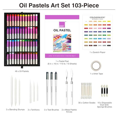 COLOUR BLOCK Oil Pastels All-in-One Art Set 103 PCS, 48 Colors Oil Pastels with 9 Tools, Blending Stumps, Tortillions, Brushes, Metal Palette Knives, Pad for Beginners and Professional Artists