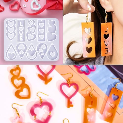 20 Pairs Valentine's Day Resin Earring Mold Love Heart Silicone Resin Earring Molds Casting Epoxy Earring Molds Silicone Earring Mold with 200 Earring Hook Kit for DIY Crafts Jewelry Making Keychains - color: White
