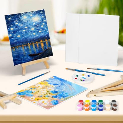2 Pack 8 * 10In Canvas Boards for Painting, Art Canvas for Drawing with 4 Brushes & 2Paint Trays & 4 Acrylic Paint, Mini Painting Canvas with Easel Set, Painting Kits for Adults Party - style: Pack of 2
