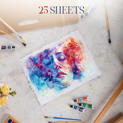 Wanderings Thick Handmade Watercolor Paper with Deckle Edge - 9" x 12" - 300GSM - Premium White Hot Press Smooth Mixed Media Paper Made with Recycled Cotton - 25 Loose Leaf Sheets - color: White, size: 9x12" (23x30.5cm)
