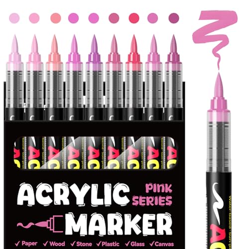 Pink Acrylic Paint Markers, 9 Colors Direct Liquid Acrylic Paint Pens with Brush Tip, No Bleed Water-Based Marker for Black Paper, Rock Painting, Wood, Glass, Fabric, Ceramic, DIY Crafts - color: Sweet Pink
