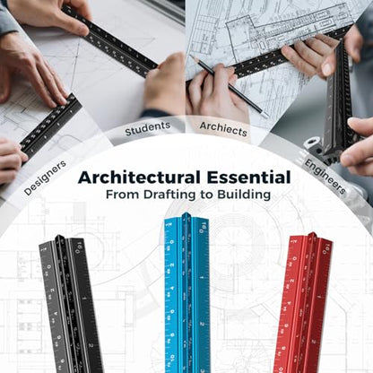 Rena Chris 2PCS Architectural Scale Ruler: 12" Imperial Aluminum Alloy Metal Architecture Measuring Tools, Engineering Drafting Construction Drawing Blueprints Triangular Architect Scaling Rulers - color: Red+Black