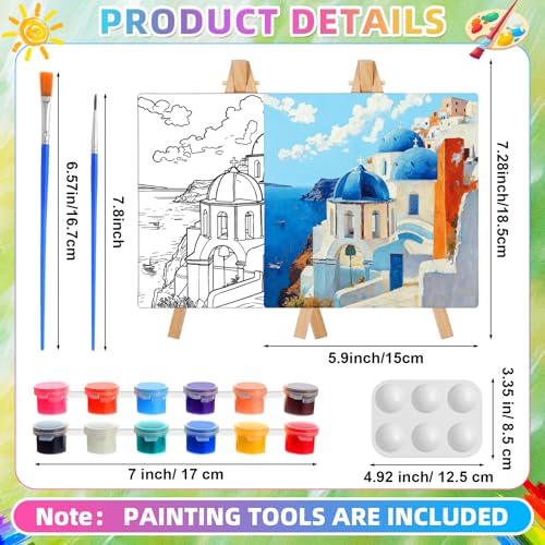 Supervitae 72 Piece Boho City Round Pre Drawn Canvas Kit 5.9" Paint and Sip Kit for Adults Painting Party Pre Printed Canvas DIY with Pictures Paints Easels Brushes for Party Gifts - size: 5.9", style: Boho City