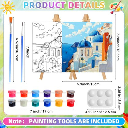 Supervitae 72 Piece Boho City Round Pre Drawn Canvas Kit 5.9" Paint and Sip Kit for Adults Painting Party Pre Printed Canvas DIY with Pictures Paints Easels Brushes for Party Gifts - size: 5.9", style: Boho City