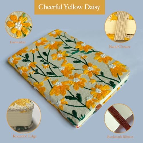 Daisy Gifts for Women, Flower Embroidered Journal, Pocket Sketchbook, A6, Small Unlined Notebook 4x6, Hardcover, Lay Flat, Elastic Band, Cute Notebooks, Pretty Journal, Yellow Daisy - color: A6-Band-Yellow, style: Plain