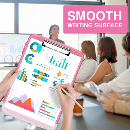 Sooez Glitter Clipboard with Storage, High Capacity Clip Boards 8.5x11 with Pen Holder, Cute Clipboards with Low Profile Clip, Sparkle Plastic Organizer Case Box for Women & Kids, Side Opening - color: Glitter Rose Pink