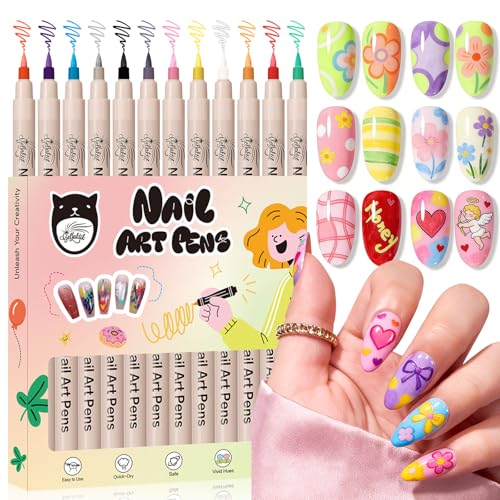 12 Color Nail Art Pens, 3D Nail Polish Pens Set 0.7mm Quick-Drying Acrylic Paint Markers Dotting Liner Drawing Pen Manicure Tools Set for Nail Design, DIY Home Salon Manicure Tools - color: red