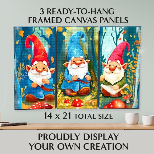 ArtSkills Diamond Painting Kit, Diamond Art Ready to Hang Framed Canvas with Storage and Accessory Kit, Gnomes, 3 Stretched Canvas Panels, 14” x 7” Each - color: Gnomes