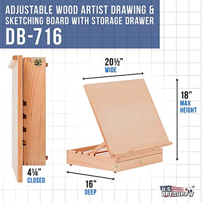 U.S. Art Supply Large 20-1/2" x 16" Wooden Drawing Board, Adjustable Table Top Easel for Painting and Drawing - Drafting Board with 5 Angles, T-Square, Pencil Ledge, Locking Storage Drawer