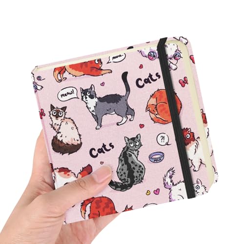 Square 4.8x4.8 inches 80gsm 96sheets/192 Pages Notebooks Blank Sketchbooks Travel Journal Pocket Hardcover Paint Writing Diary Memo Planner Cloth Cover. Pink Cat - color: Cloth Cover-4.8x4.8in-Pink Cat
