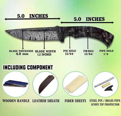 Custom Hand Forged Damascus Steel Blank Blade Knife Making Kit Hunting Knife Leather sheath, Pin, Scale, Camping Blade Damascus Blade Billet Handmade Knives Making Supply (BK-K) - color: BK-K