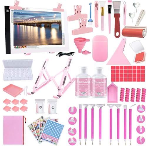 NLXCXUCY 158Pcs Diamond Art Accessories Kit All Inclusive Diamond Painting Tool Set with A4 Diamond Painting Light Pad,Diamond Art Sealer Glue,Diamond Correction,Pens Storage Box for DIY Craft - color: Pink, size: A4