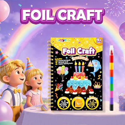 FUNNYB&G Foil Art Craft Kit for Kids 4-10 Years Old: Mess-Free & No-Glue, Create 16 Sparkly Happy Birthday Pictures – Perfect Travel Toy & Birthday Gift for Kids（Happy Birthday） - style: Happy Birthday