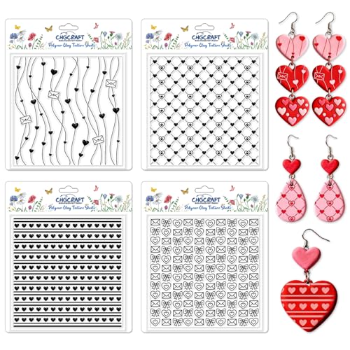 CHGCRAFT 4 Pcs Valentine's Day Heart Grid Polymer Clay Texture Sheet Wave Silicone Clay Texture Mat for Polymer Clay Making Earrings Jewelry DIY Crafts 5.5 × 5.5 Inch - style: Valentine's Day