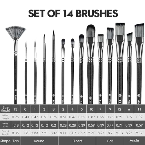 Paint Brushes 14PCS Set - Bougimal Professional Wood Paint Brush for Acrylic/Watercolor/Oil Painting, Kids & Adults Detailing Brush - Art Supplies Great for Canvas, Fabric, Rock, Face Painting