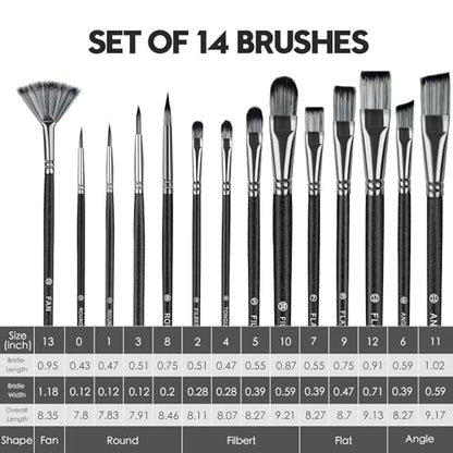 Paint Brushes 14PCS Set - Bougimal Professional Wood Paint Brush for Acrylic/Watercolor/Oil Painting, Kids & Adults Detailing Brush - Art Supplies Great for Canvas, Fabric, Rock, Face Painting