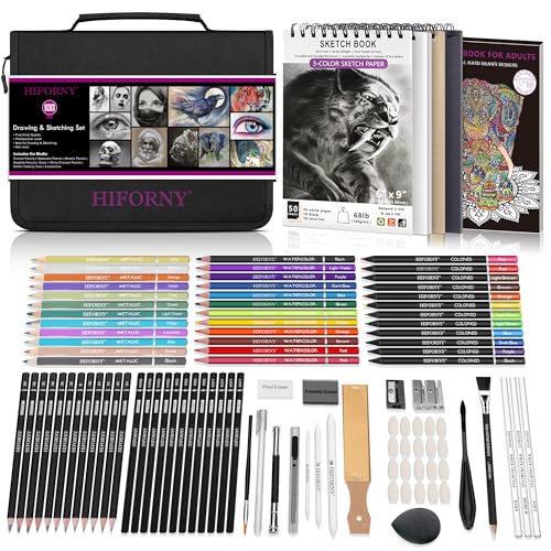 HIFORNY 100 PCS Drawing & Sketching Set, Professional Art Supplies with Graphite,Charcoal, Colored,Watercolor,Metallic Pencils,Blending Tools,Sketchbook and Coloring Book in Zipper Case (Black) - color: Black